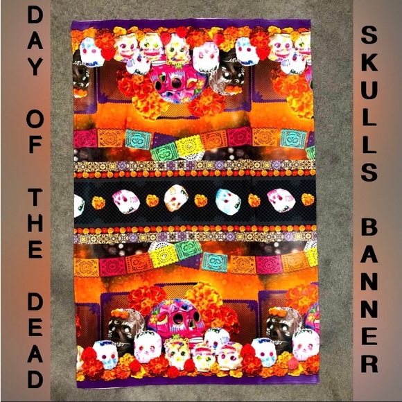 🎃 BANNER Day of the Dead Skeletons Multicolored Fabric banner size57"x37”NWOT - Picture 3 of 9